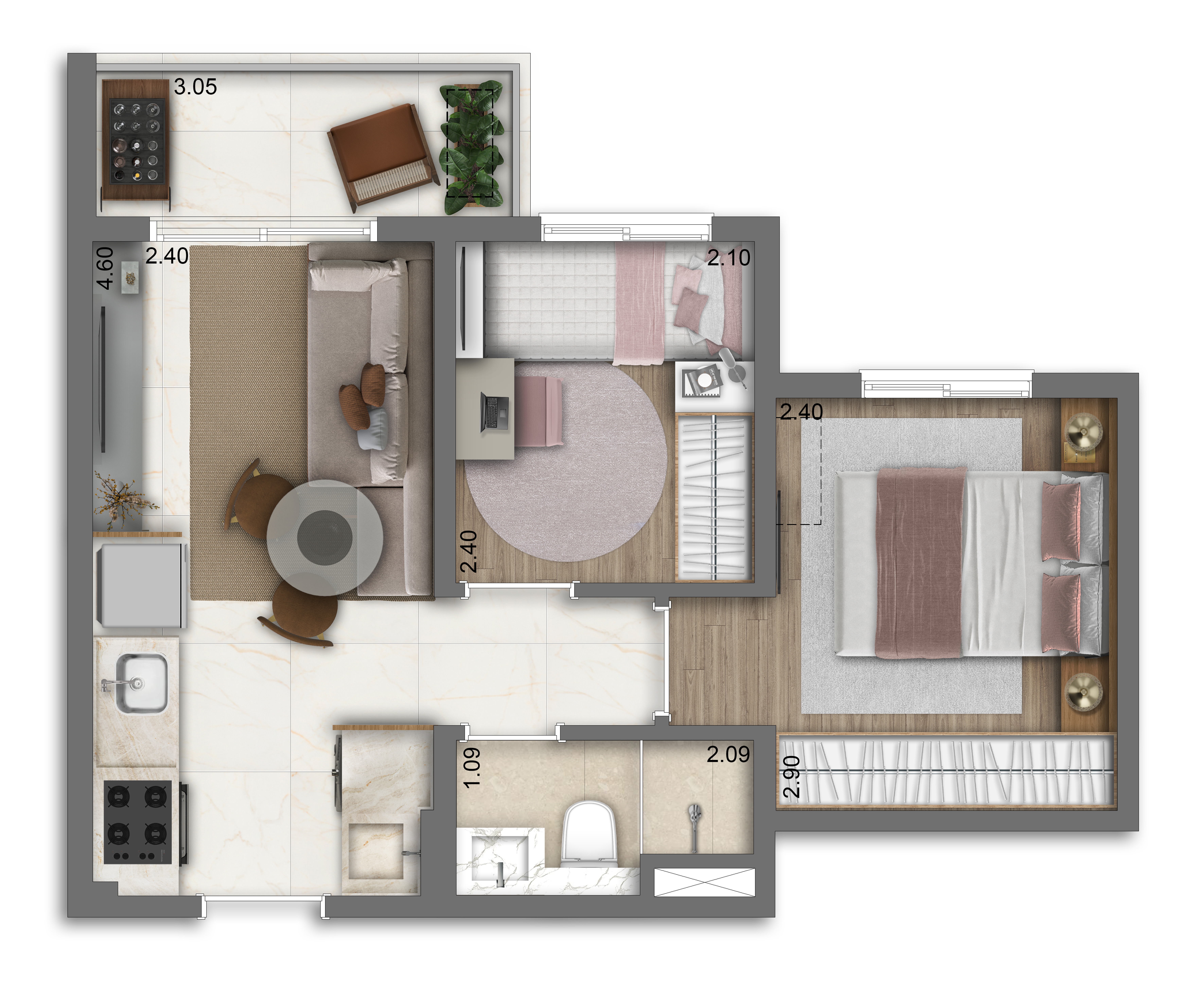 Planta tipo 2 dorms 35 m²