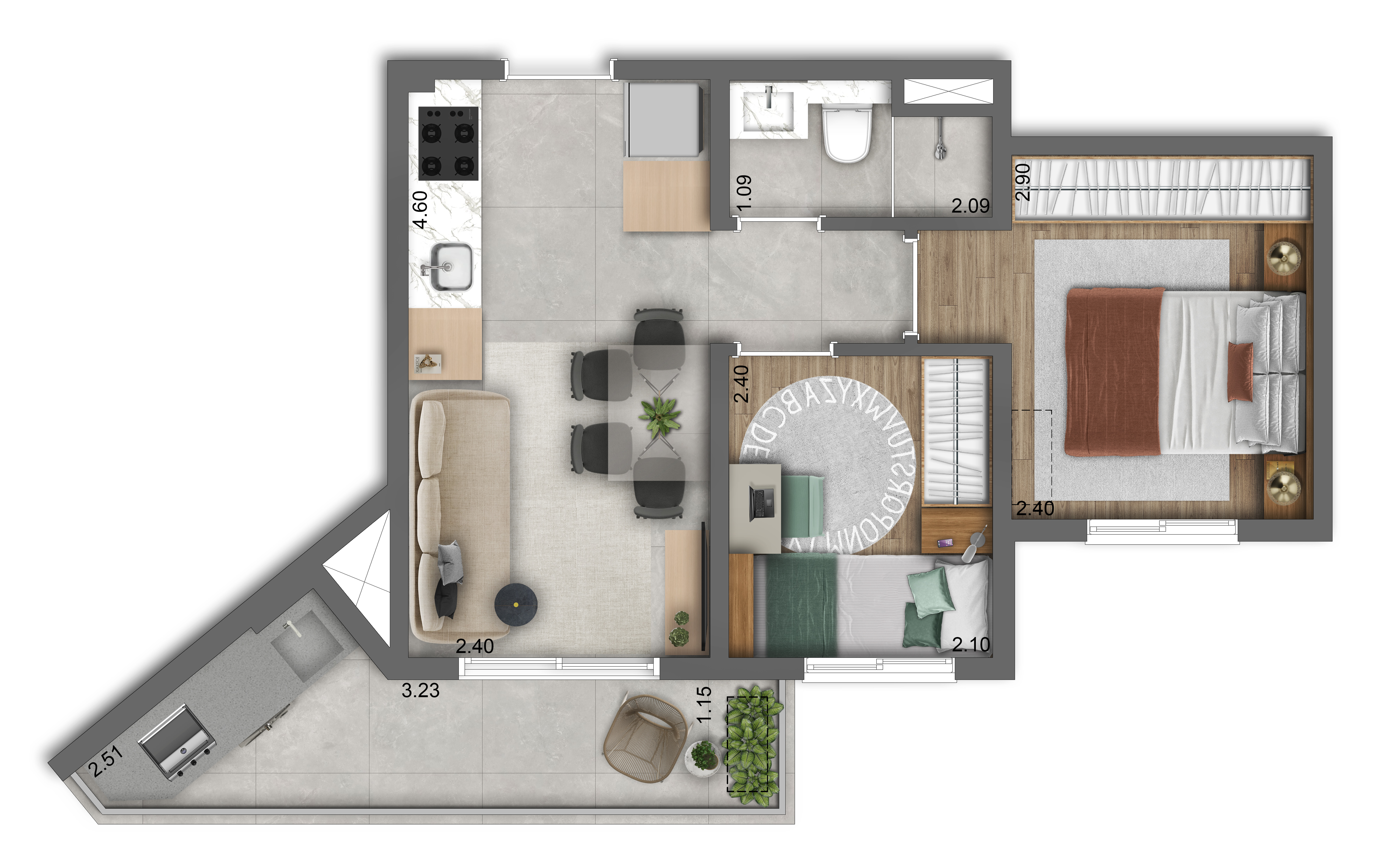 Planta tipo 2 dorms 40 m²